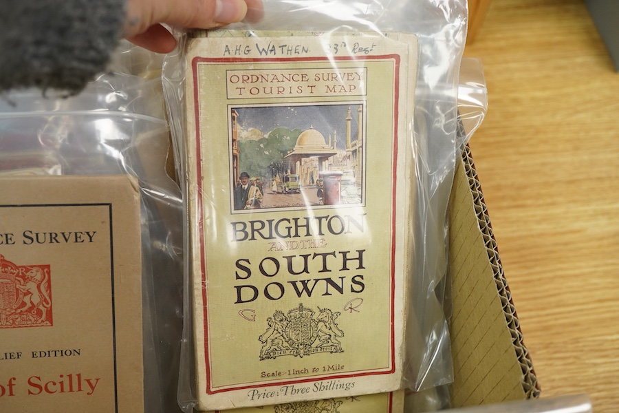 A collection of Ordnance Survey maps, including; One Inch series, Fifth Relief Edition, Tourist Map series, Quarter-inch series, etc. (2 boxes)